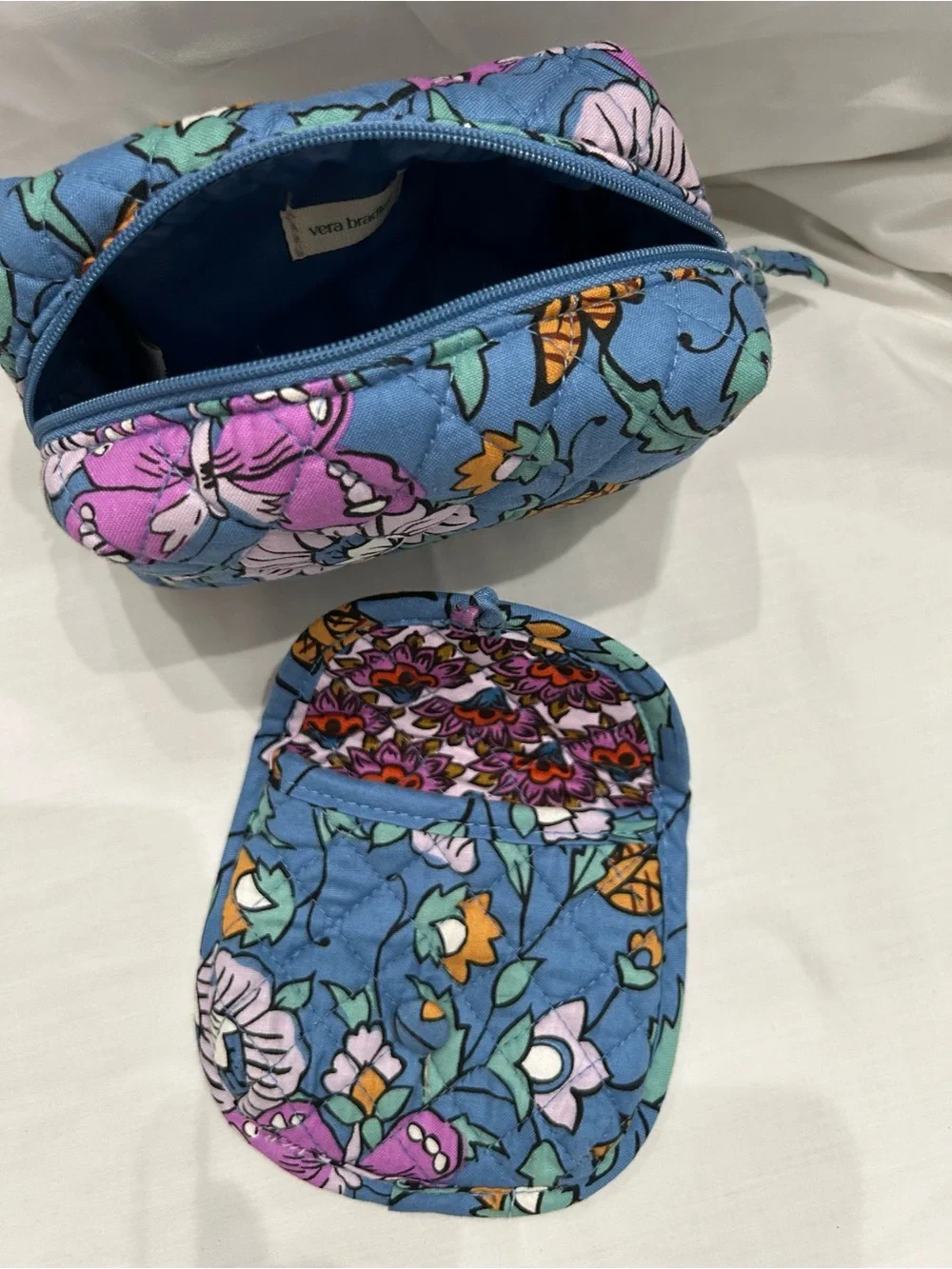 Quilted Floral Blue Cosmetic Pouch Set